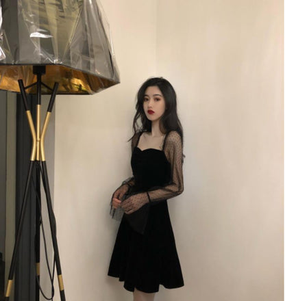 Retro Mesh Sleeves A- Line Dress Black Square Collar Dress