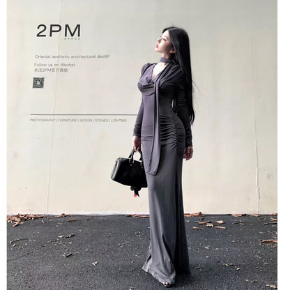 Elegant Cinched-waist Pleated Maxi Dress For Women