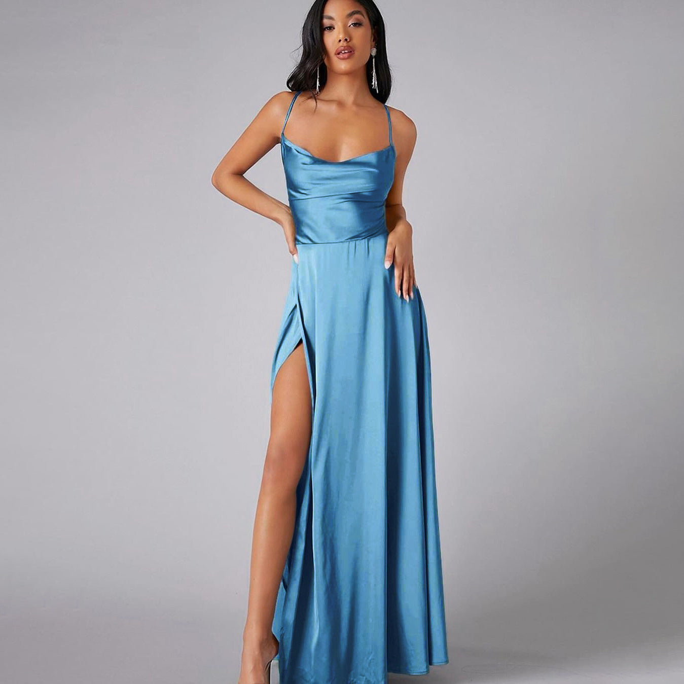 Summer Sexy Slimming Backless Strap Long Split A line Dress Women's Fashion High Waist Belted Gown V-neck