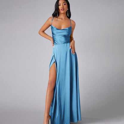 Summer Sexy Slimming Backless Strap Long Split A line Dress Women's Fashion High Waist Belted Gown V-neck