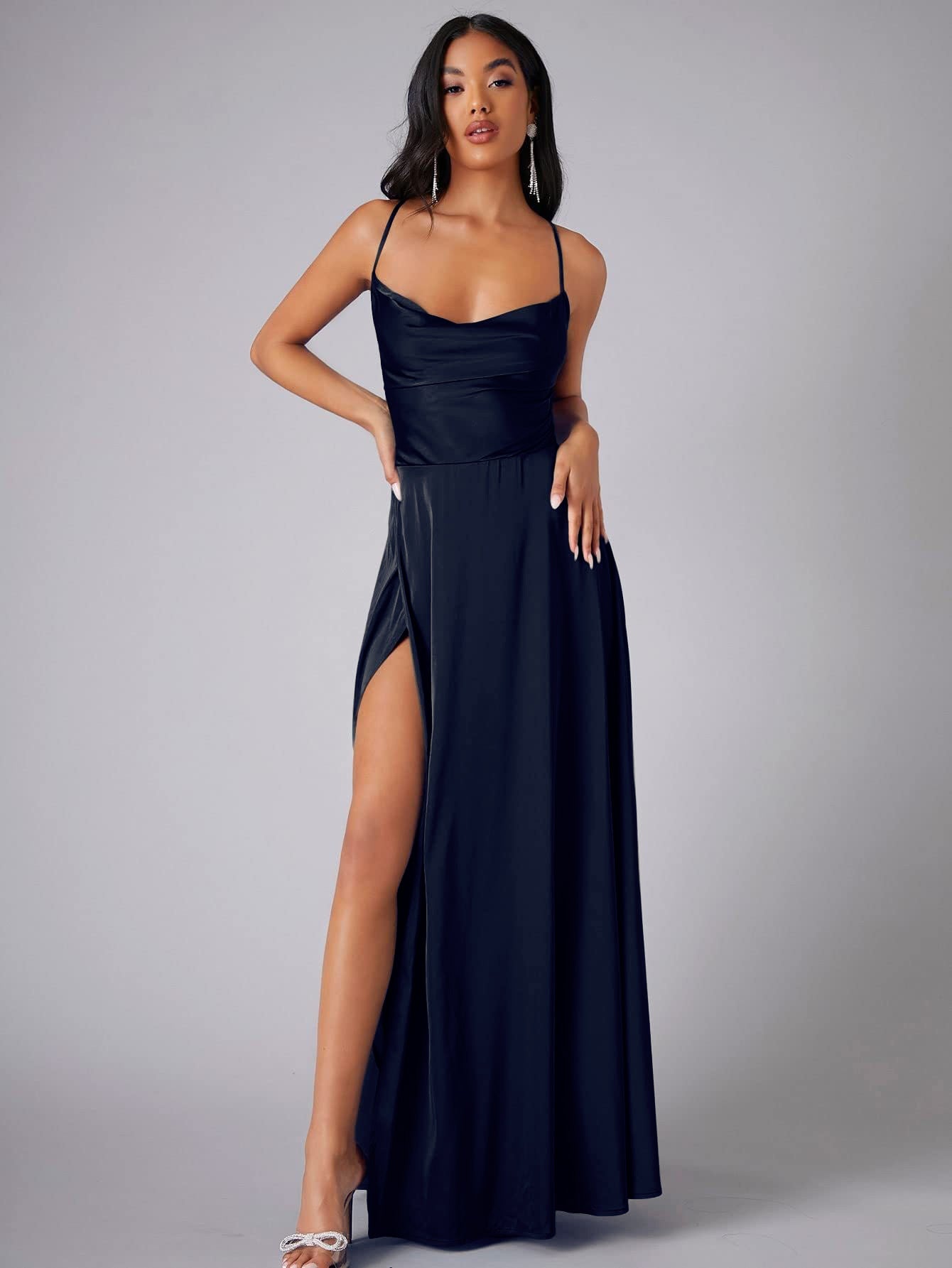 Summer Sexy Slimming Backless Strap Long Split A line Dress Women's Fashion High Waist Belted Gown V-neck
