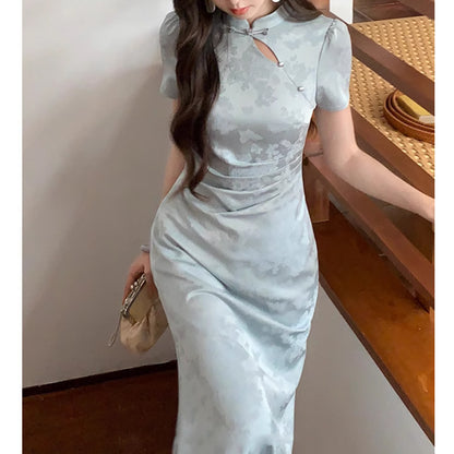 Retro Dark-pattern Short-sleeve Maxi Dress