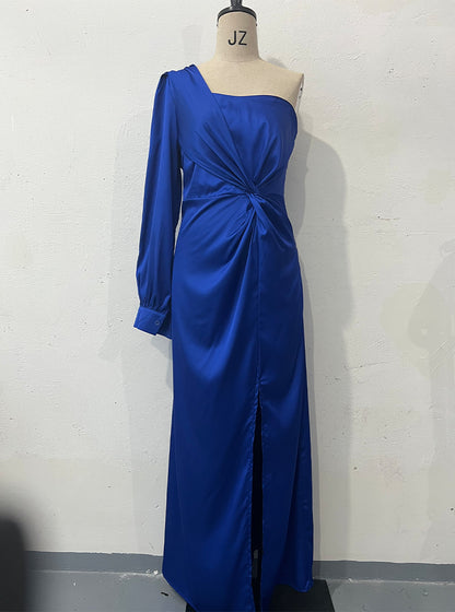 Women's One-shoulder Split Dress Ins Fashion Long-sleeved Slim Long Dresses Party Evening Clothing