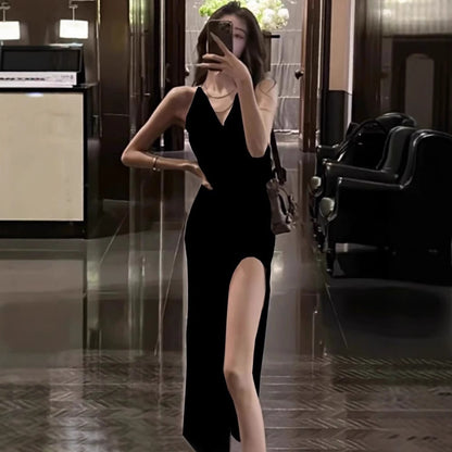 New Korean-style V-neck Elegant And Sassy Sexy Slit Bodycon Maxi Dress
