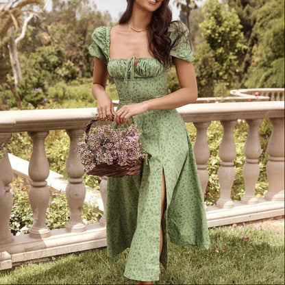 Summer Floral Print Dress Women Sexy Party Long Dresses Puff Short Sleeve