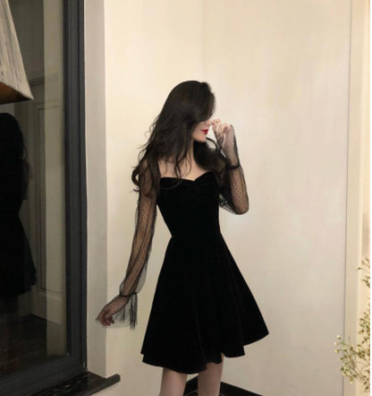 Retro Mesh Sleeves A- Line Dress Black Square Collar Dress